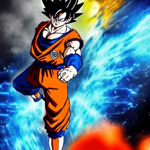 Prompt: Still of Sam heughan as Goku in Dragon ball live action movie powerful epic light blue and Orange