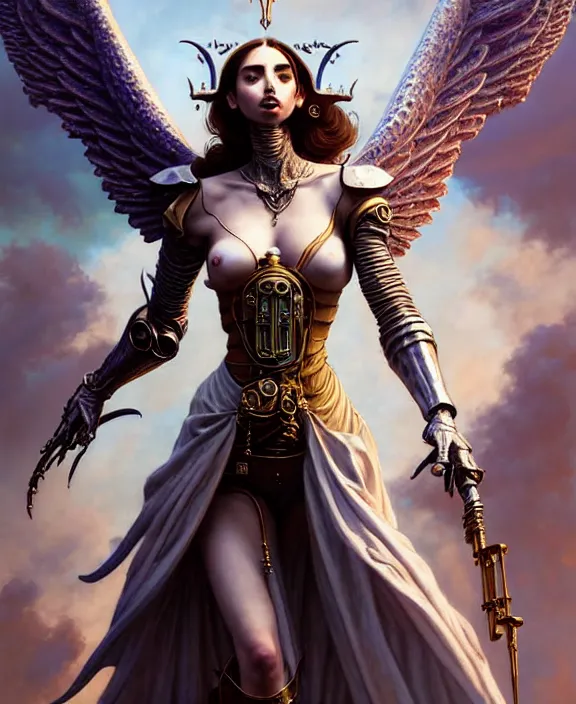 Image similar to beautiful fantasy character portrait, ana de armas, ultra realistic, wide angle, intricate details, the fifth element artifacts, highly detailed by peter mohrbacher, hajime sorayama, wayne barlowe, boris vallejo, paolo eleuteri serpieri, dishonored 2, white gown, angel wings