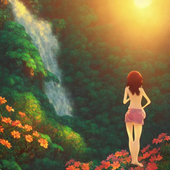 Image similar to an epic makoto shinkai and renoir landscape with a hawaiian waterfall, golden hour, 🌺, a beautiful woman with long hair, ultra smooth, octane render, lois van baarle, ilya kuvshinov