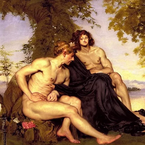 Image similar to beautiful painting of Apollo and Ganymede with long curly blond hair, wearing wispy silken gossamer robes, in the imperial palace at golden hour, relaxing, by Peter Paul Rubens and Norman Rockwell