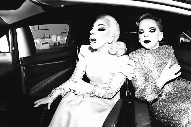 Image similar to lady gaga and judy garland doing carpool karaoke, lady gaga and judy garland, carpool karaoke, lady gaga, judy garland, carpool karaoke, youtube video screenshot, the late late show with james corden, higly realistic, high resolution, dashcam