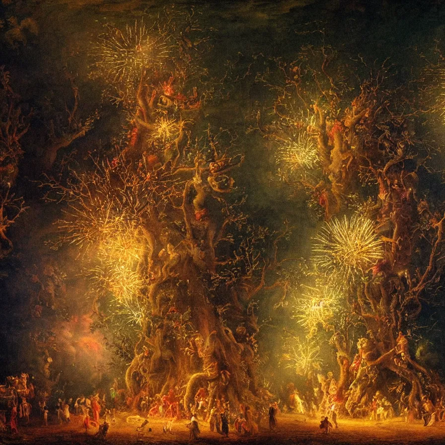 Prompt: closeup of a night carnival inside a tree cavity in a magical forest in the middle of a summer storm, with a music scenario with many fireworks and christmas lights, volumetric lightning, instense god rays in the sky, folklore people disguised with fantastic creatures in a magical forest by summer night, masterpiece painted by fragonard, very coherent and colorful high contrast masterpiece,