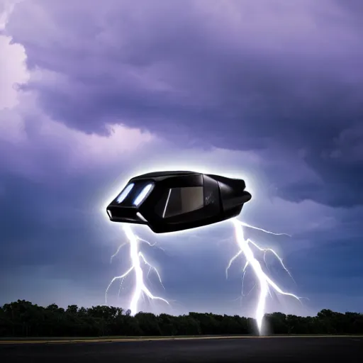 Image similar to futuristic flying car in surrounded by a circle made of lightning, in the sky, thunderstorm at night, 28mm dramatic photo