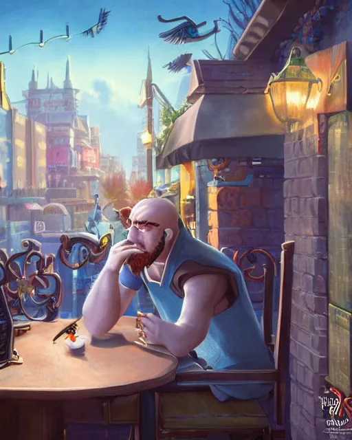 Prompt: an epic fantasy comic book style portrait painting of a man staring at his computer and ignoring his friends, sitting outside at a restaurant, character design by mark ryden and pixar and hayao miyazaki, unreal 5, daz, hyperrealistic, octane render, cosplay, rpg portrait, dynamic lighting, intricate detail, summer vibrancy, cinematic,