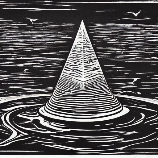 Image similar to martian chilled reflective lagoon pyramid albatross seasoning corolla woodcut, by jeff easley and robert henri and mark rothko, trending on cgsociety, chiaroscuro, charcoal drawing