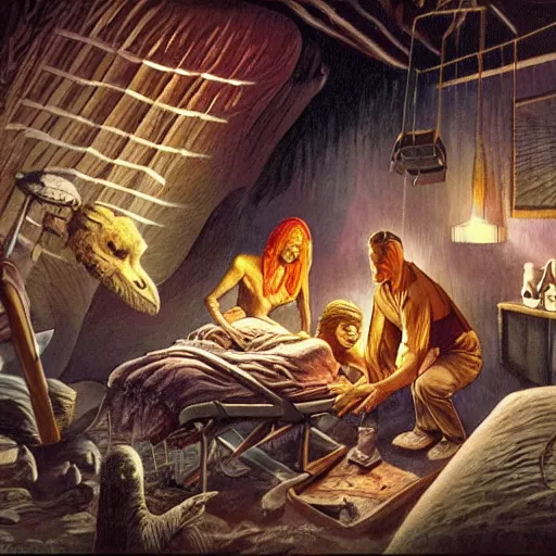 Image similar to primitive extraterrestrial villagers caring for weak and severely injured butch blond woman at bedside, inside primitive hut, dramatic lighting, illustration, ron cobb, mike mignogna, science fiction, detailed painting, high detail, coherent, rough paper