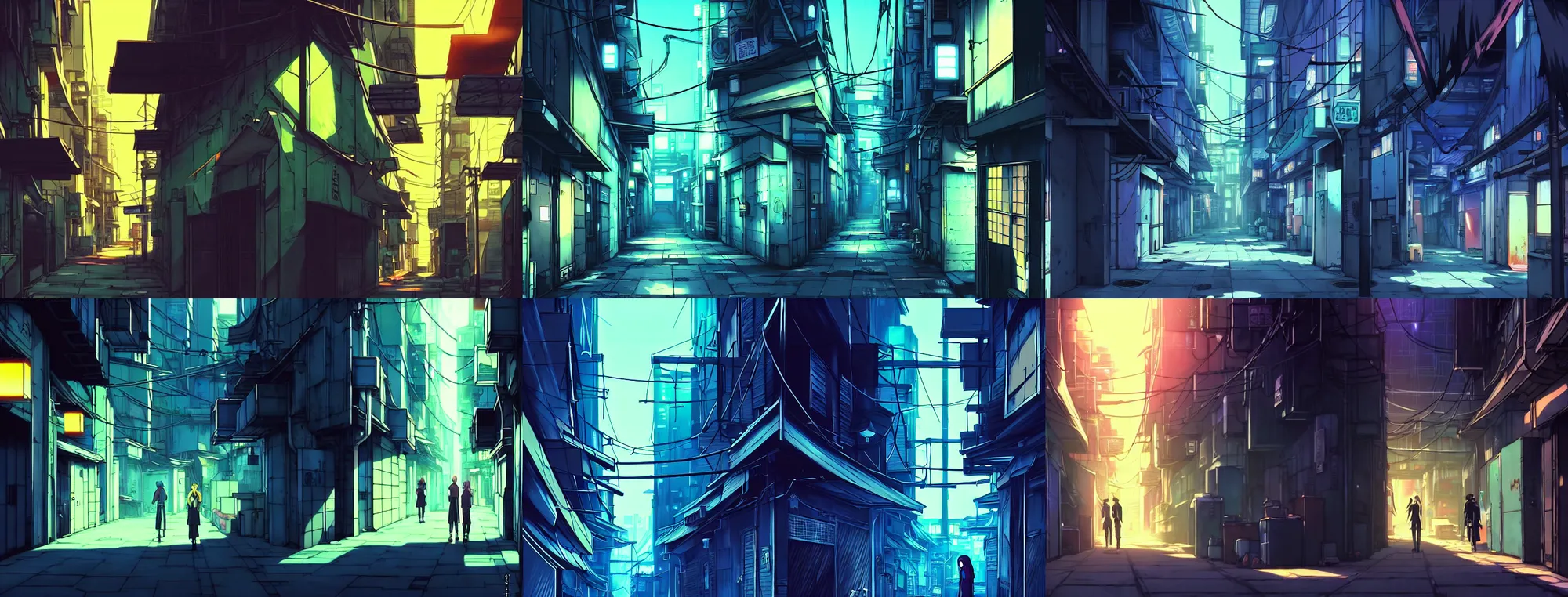 Prompt: anime background art matte gouache and ink painting close up of a city alleyway in the atmospheric cyberpunk anime film, clean lines, at night with lights, by makoto shinkai, in the anime series ergo proxy