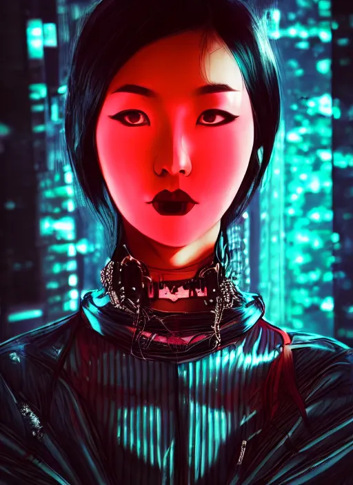 Image similar to asian goth in shinjuku, dark dress, cyberpunk, fashion, biomech, red and turquoise lights, black - red - turquoise - lips, conceptart, highlights, symmetrical, portrait, pretty face, octane, unreal, realism