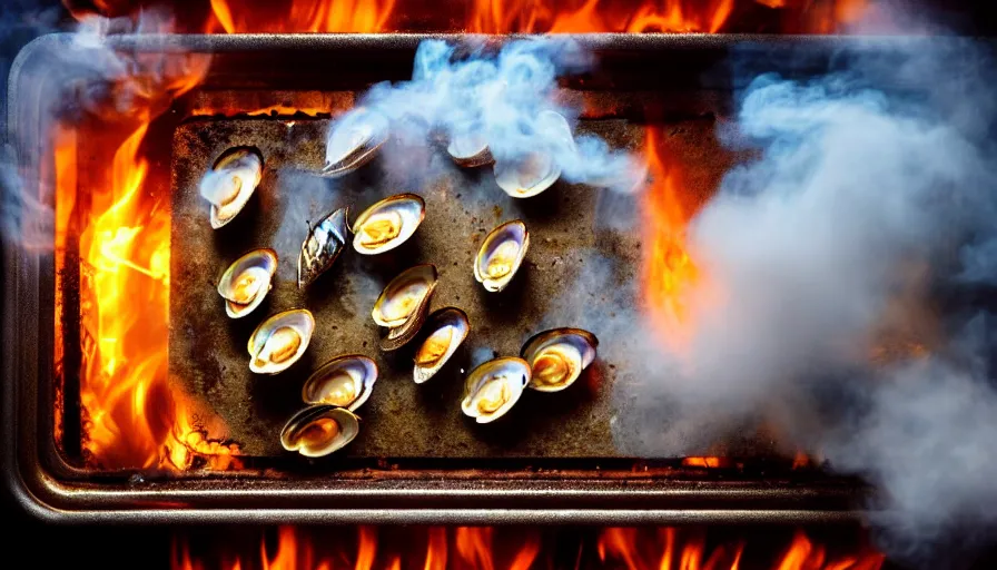 Prompt: a photo of smoke coming out of seymour's oven, next to a window, seymour's roast is ruined, steamed clams, color photography, high quality, volumetric light, beautiful, 4 k