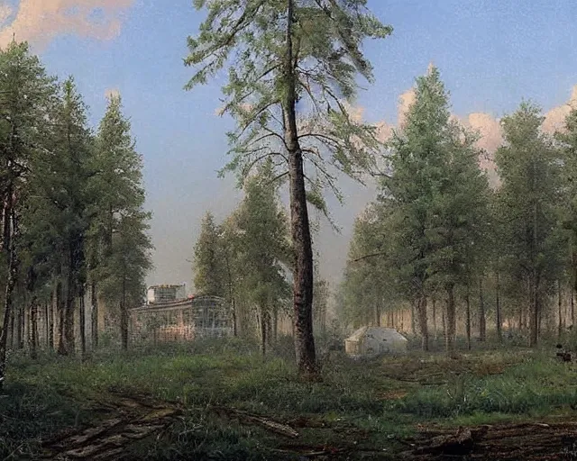 Image similar to beautiful matte painting of cute soviet block of flats hrushevka in end of forest by ivan shishkin,