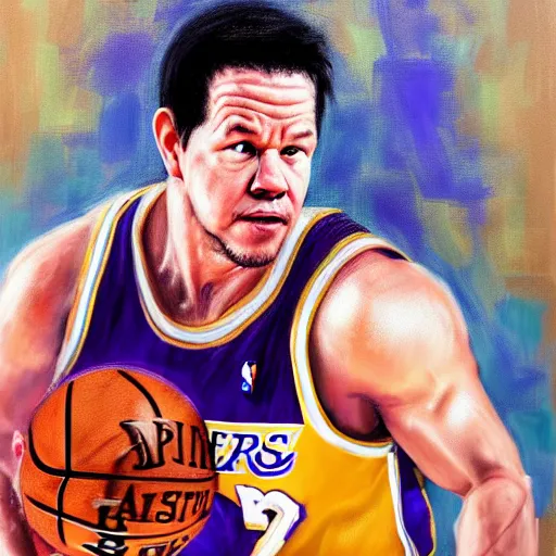 Prompt: portrait of mark wahlberg playing basketball in a lakers uniform, oil on canvas by william sidney mont, trending on art station