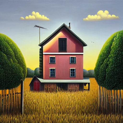 Image similar to a painting of a farm house, an ultrafine detailed painting by rafal olbinski, behance contest winner, pop surrealism, detailed painting, very detailed, minimalist, skeuomorphic, airbrush art