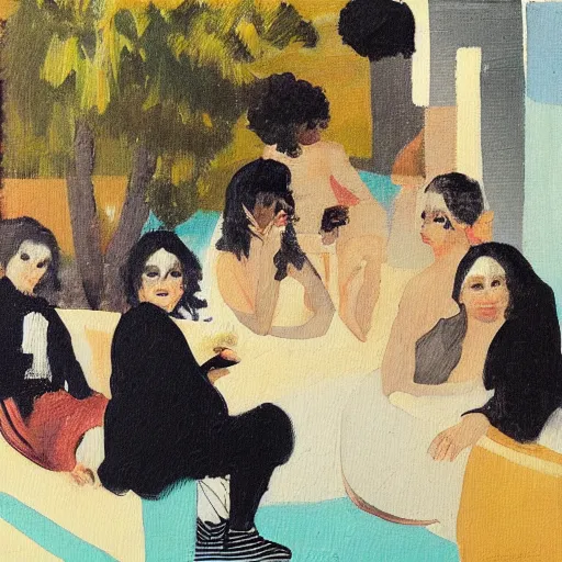 Prompt: “an abstract painting of a group of beautiful young people sitting at the poolside, smoking and drinking. In the style of Goya”