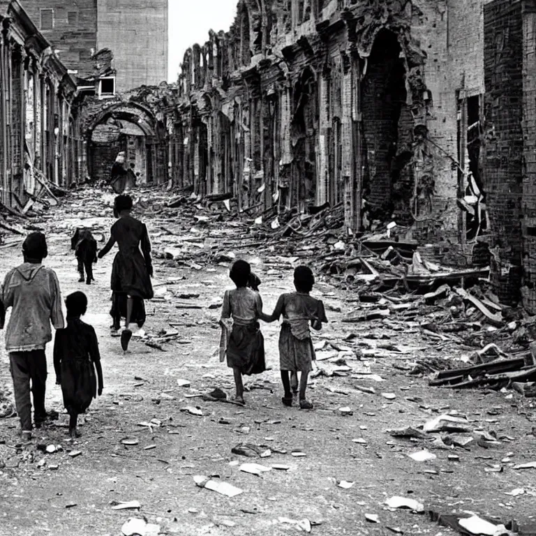 Prompt: homeless children walk through the ruins of the city, scary photo in color