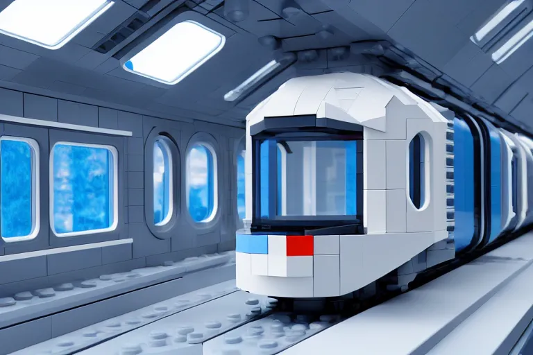Prompt: futuristic train made out of Lego, octane render, white, grey and blue, large glass windows, studio light, 35mm,