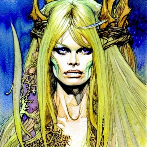 Image similar to a realistic and atmospheric watercolour fantasy character concept art portrait of brigitte bardot as a druidic warrior wizard looking at the camera with an intelligent gaze by rebecca guay, michael kaluta, charles vess and jean moebius giraud