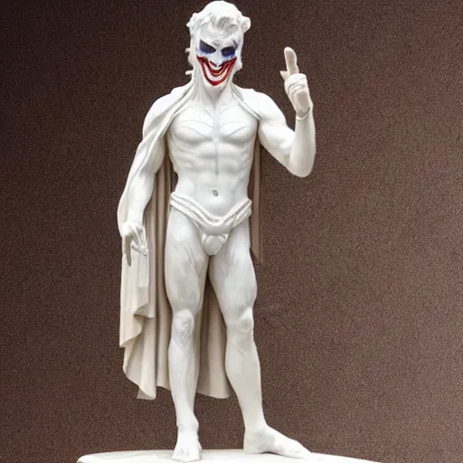 Image similar to white marble statue of the joker wearing ancient roman armor, 8 k, very detailed, very intricate,