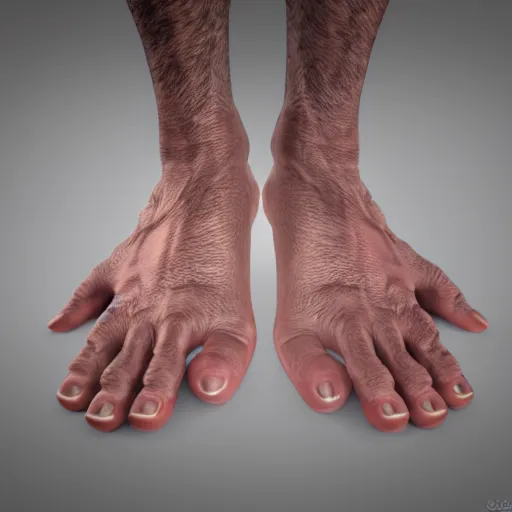 Image similar to a photograph of a man whose hands are replaced feet, 8k resolution, extremely detailed, award-winning photograph, octane render, redshift.