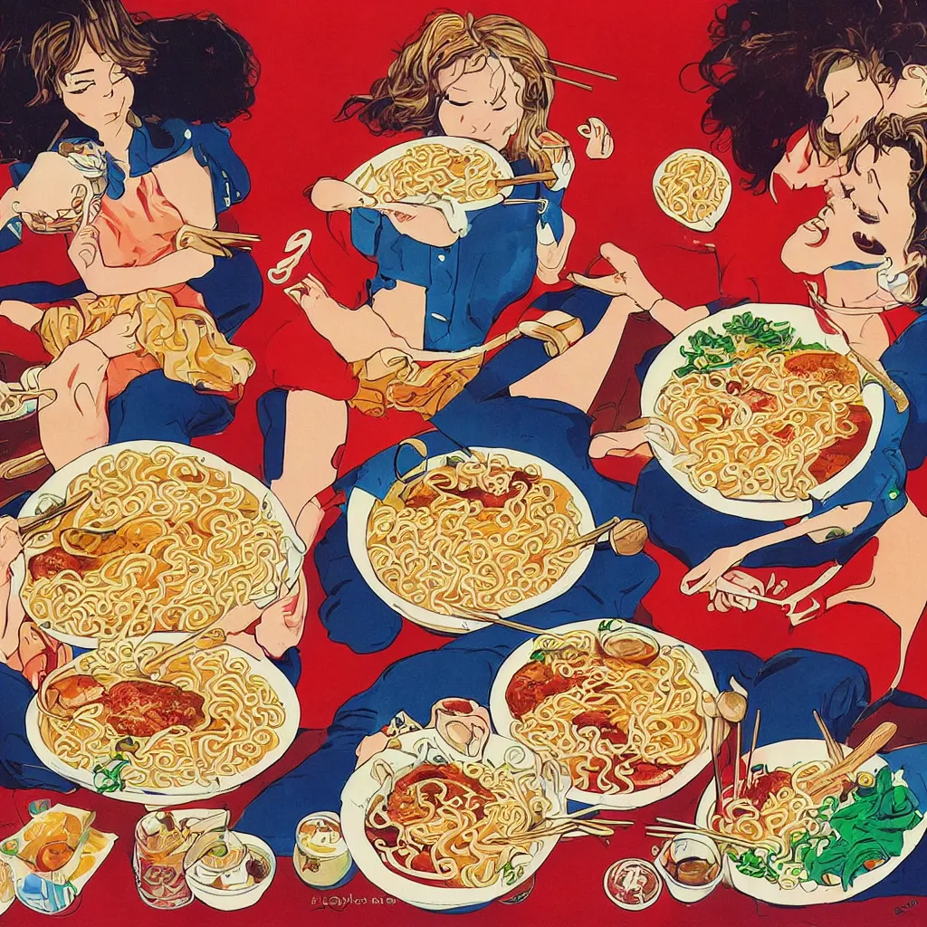 Image similar to 2 beautiful women eating a bowl of ramen, 1990s poster art