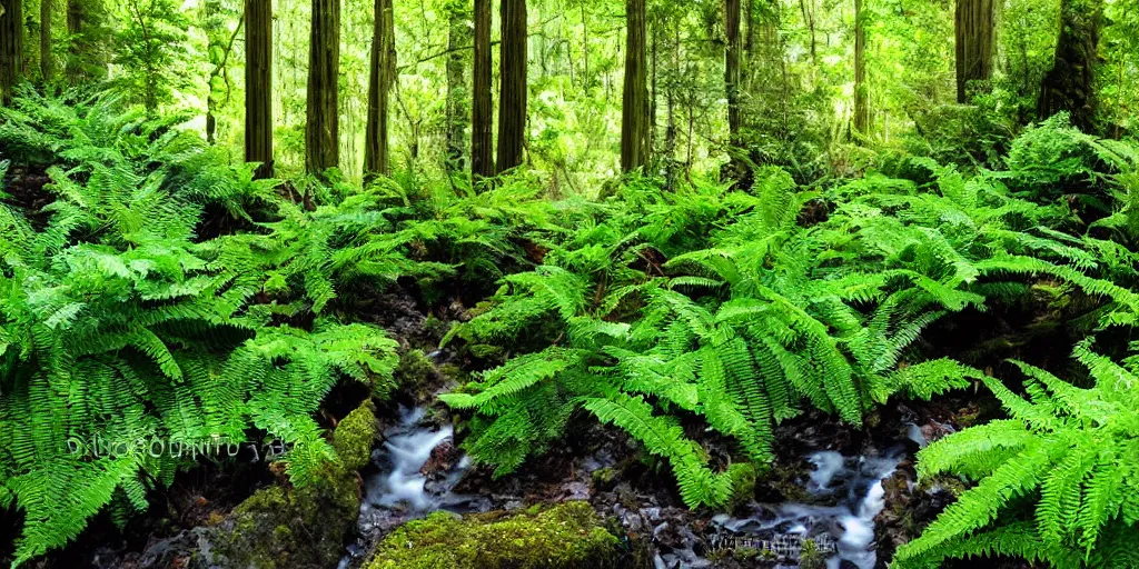 Image similar to a beautiful fern forest with a creek and redwoods and dappled light