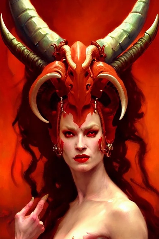 Image similar to painted close - up portrait of a very attractive red - skinned intimidating demon alien queen with ram horns! oil painting, wearing a noblewoman's outfit, fantasy art by john singer sargent and gaston bussiere and james jean and greg rutkowski, demon noble character design, hd