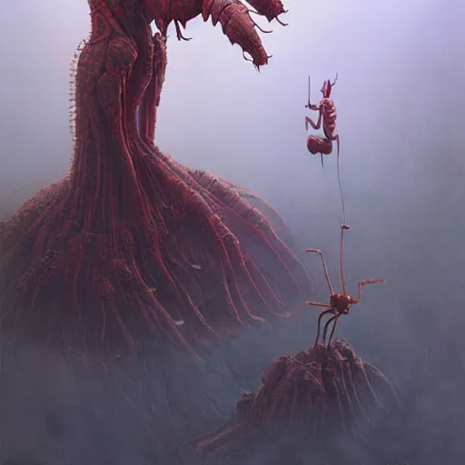 Prompt: A painting of an anthropomorphic ant queen standing on her hind legs formian pathfinder, digital art, Wayne Barlowe Pierre Pellegrini Greg Rutkowski