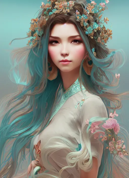 Prompt: beautiful girl with long turqoise hair, cute, intricate, highly detailed, digital painting, trending on artstation, concept art, smooth, sharp focus, illustration, unreal engine 5, 8 k, art by rossdraws and alphonse mucha