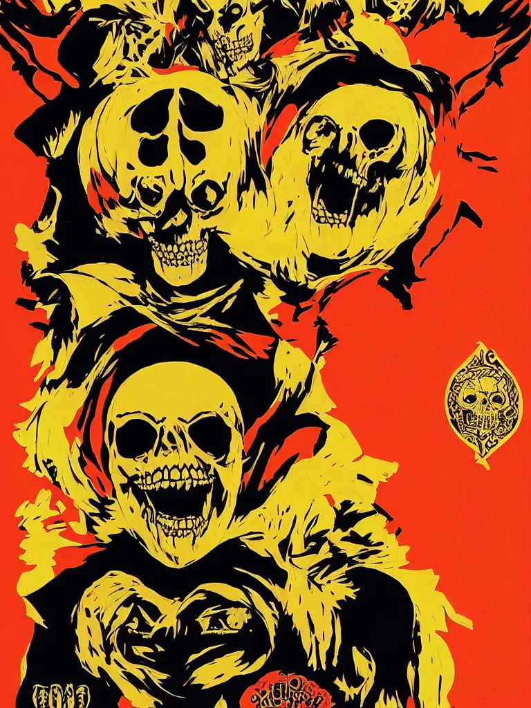 Image similar to poster offear featuring portrait of skeletor, red yellow orange black and cream colors, poster by shepard fairey