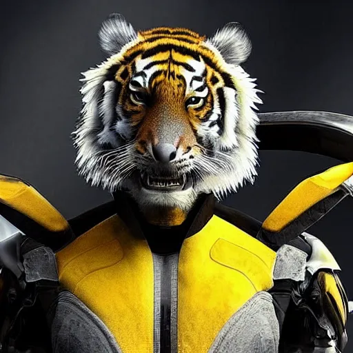 Image similar to full body still of a humanoid with tiger-like features, yellow eyes, teeth that protrude past the lower lip and fine grayish fur on their faces and backs of their hands wearing futuristic alien armor and carrying weapons, octane,