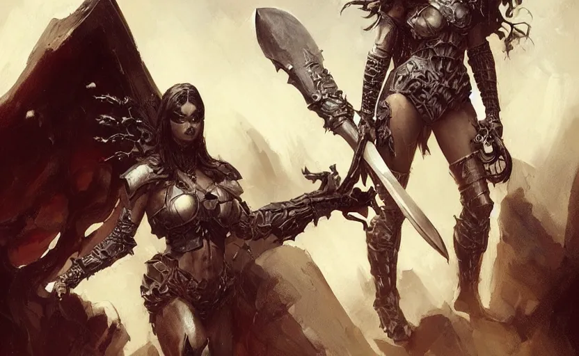 Prompt: A full portrait of a beautiful armored woman, with an oversize Gothic axe, by Frank Frazetta, Greg Rutkowski, Boris Vallejo, epic fantasy art, Exquisite detail, post-processing, masterpiece, cinematic