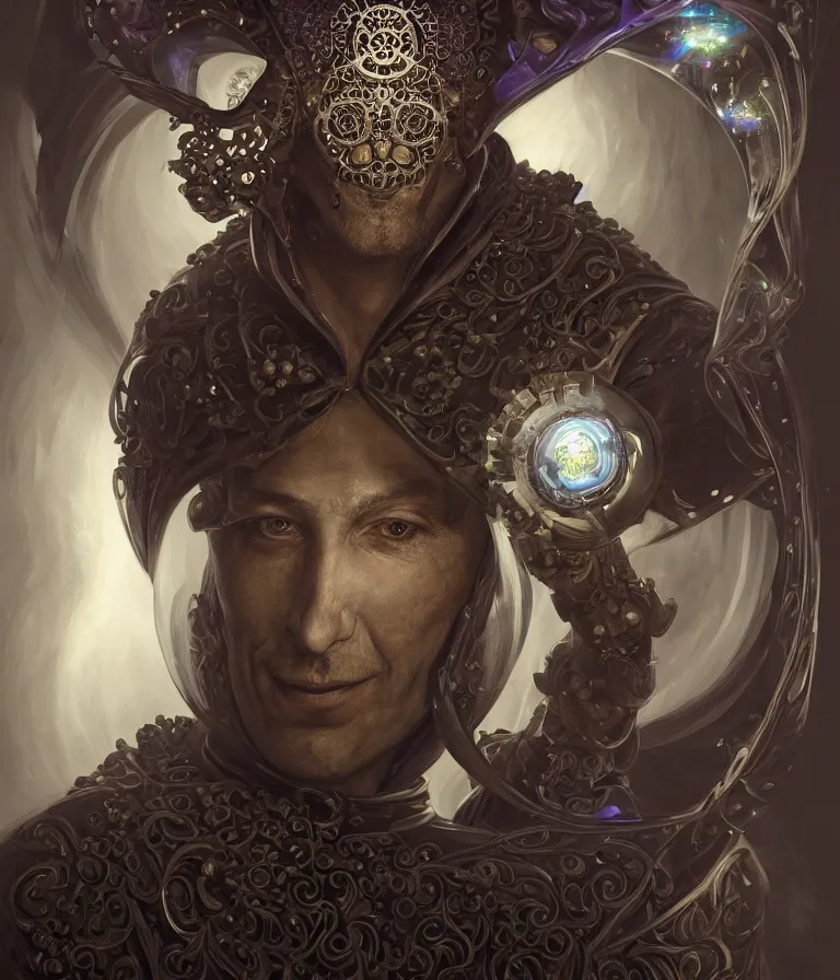 Image similar to front!!! shot of a court jester!!! character, hyperdimensional, bioluminescent hypercubes, dark holography!!!, future, chrome, (((intricate))), elegant, highly detailed, centered, (((artstation, concept art, smooth, sharp focus, artgerm, Tomasz Alen Kopera, Peter Mohrbacher, donato giancola, Joseph Christian Leyendecker, WLOP, Boris Vallejo))), ((raytracing)), mugshot!!!!!, ugly!!!!!!, octane render, nvidia raytracing demo, octane render, nvidia raytracing demo, octane render, nvidia raytracing demo, grainy, muted, 8K, digitalblasphemy, metatron