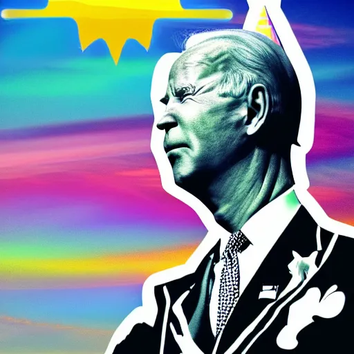 Image similar to unicorn with the head of joe biden in the sunset, detailed, photoshop