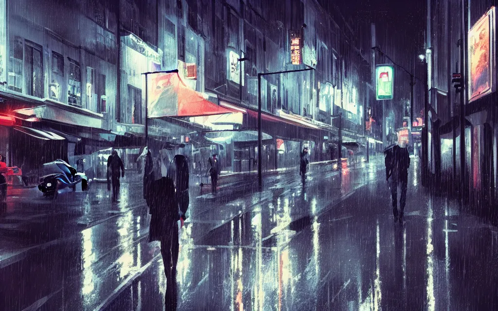 Image similar to concept art, wet helsinki street at night by roger deakins, in the style of syd mead and liam wong