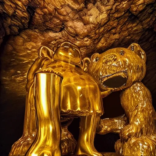 Image similar to a stunning image of a giant gummy bear on a golden pedestal, many people worshipping, dark cave like surrounding.