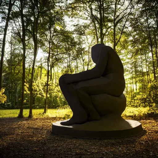 Prompt: the thinker sculpture disintegrating into dust, in a forest at dusk