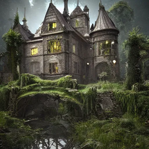 Prompt: overgrown victorian spiderwick abandoned castle, highly detailed, crystal lighting, mystical, ancient forest, hyperrealistic, 4 k, unreal engine, highly detailed, dramatic lighting, magical, beautiful,