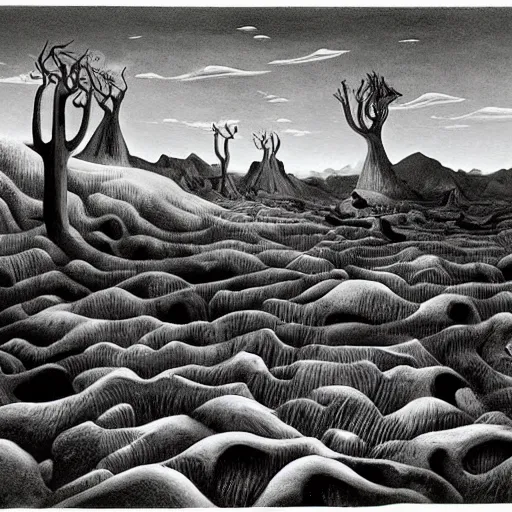 Image similar to A Surreal Landscape by Charles Addams