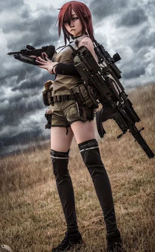 Prompt: highly detailed, high resolution, cosplay photo, stunning, realistic lightning, real sunset, in the middle of the battlefield, girls frontline style, sharp focus, 150mm, trending on facebook, by professional photographer, realistic anatomy, realistic heavy military gear, realistic guns