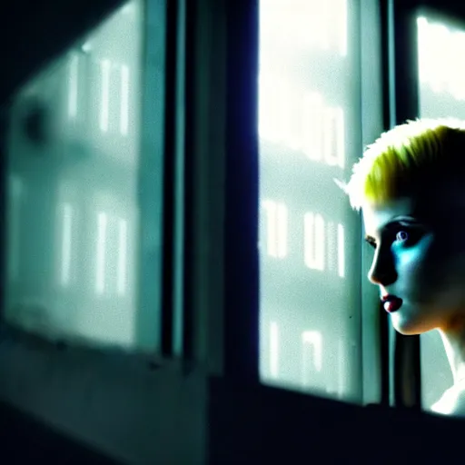 Prompt: worried, runaway beautiful replicant looking through the window in a dirty abandoned factory, short spiky blonde hair, cyberpunk outfit, still from closed circuit tv footage, high angle