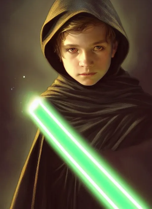 Image similar to perfectly - centered - portrait of a kid wearing black cloak holding light saber, intricate, highly detailed, digital painting, artstation, concept art, smooth, sharp focus, illustration, unreal engine 5, 8 k, art by artgerm and greg rutkowski and alphonse mucha