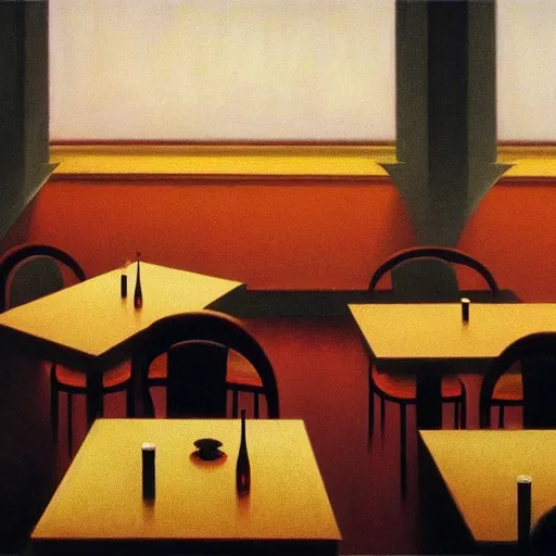 Prompt: An empty sad restaurant, Edward Hopper and James Gilleard, Zdzislaw Beksinski, Mark Ryden, Wolfgang Lettl highly detailed, hints of Yayoi Kasuma