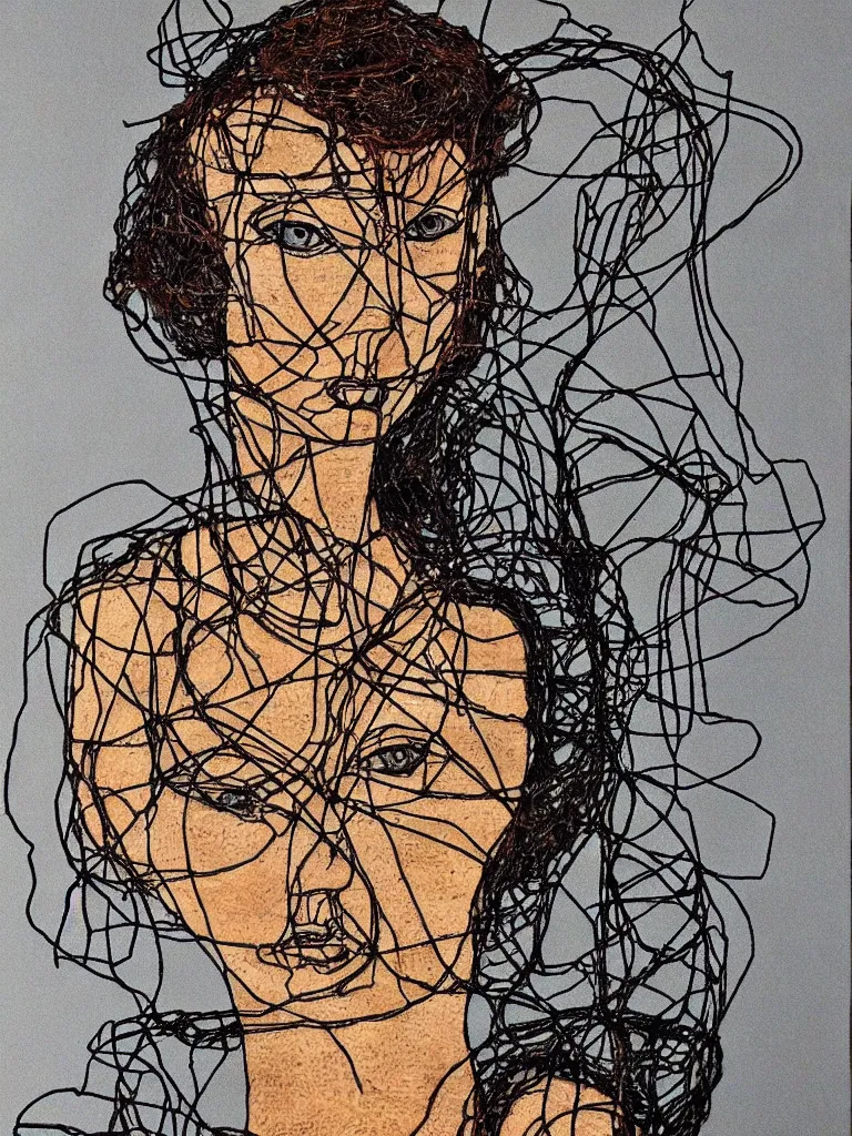 Image similar to metal wire art about an elegant woman. portrait influenced by egon schiele.