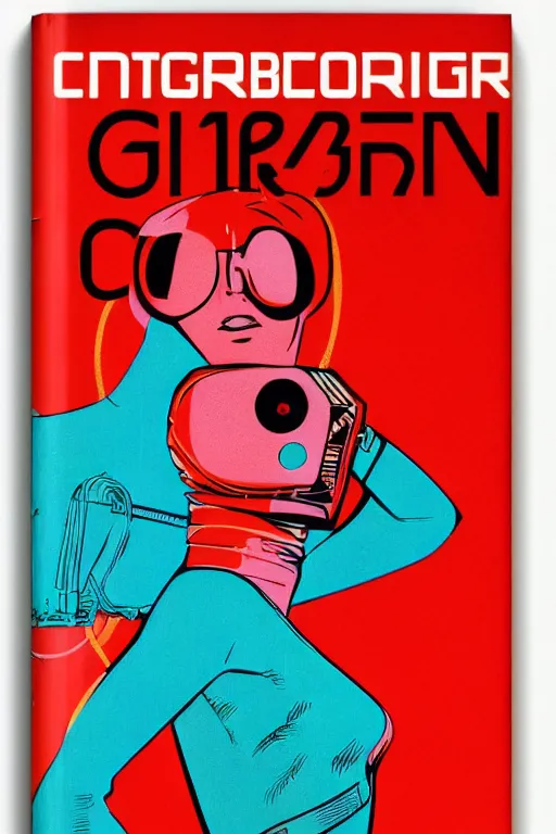 Prompt: a retro 70s cyborg woman, anaglyph, book cover,