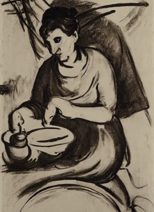 Prompt: abstract stylized charcoal drawing of a woman sitting at a pottery wheel working on a vase, john singer sargent, van gogh, miro, vermeer