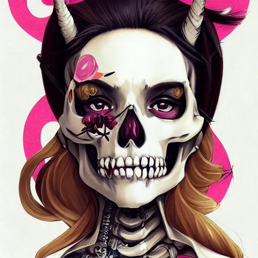 Prompt: anime manga skull portrait young woman skeleton, horse, painterly, logo, graffiti, elegant, highly detailed, digital art, art by jc leyendecker and sachin teng