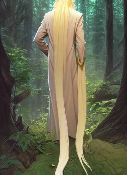 Image similar to slender young man with long blond hair, from behind, wearing wizard robes, lost in a forest, natural lighting, path traced, highly detailed, high quality, digital painting, by don bluth and ross tran and studio ghibli and alphonse mucha, artgerm