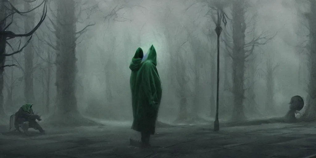 Image similar to guy wearing dark green hoodie sitting at bus stop, environment, dark tv show style, foggy, movie still, spooky, epic scene, surrealism, art by peter mohrbacher, tsutomu nihei and zdzisław beksinski, 4 k, realistic