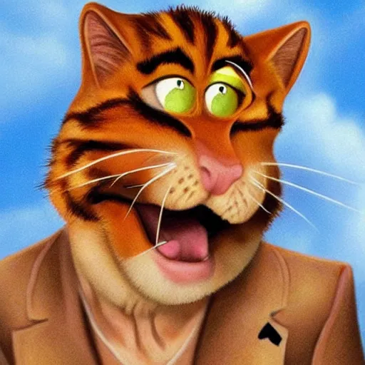 Image similar to nic cage as garfield the cat, buff, painted portrait, highly detailed,