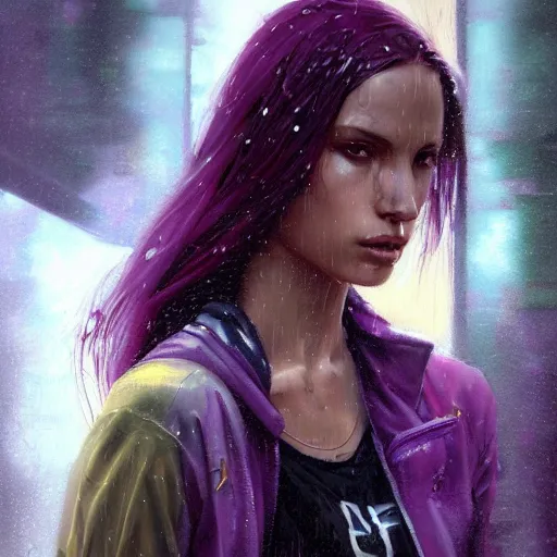 Prompt: very detailed masterpiece painting of a very beautiful wet young cyberpunk woman with olive skin, dark purple hair and cybernetics, cyberpunk background, raining, closeup, portrait, artstation, concept art by greg rutkowski