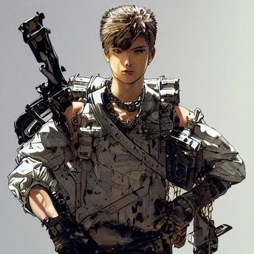 Image similar to full portrait of a young white hero using his right arm to hold his sword covering his eye by yoji shinkawa, high quality, extra details, realism, ornate, colored, golden chain, blood, white skin, short hair, brown eyes, vivid, sunlight, dynamic, american man, freedom, white american soldier, painting, cybernetics, military